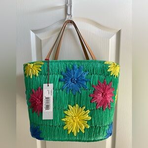 Frances Valentine Green/Multi Embroidered Flower Tote Basket PU Straw NWT